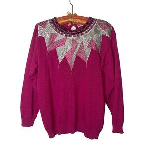 Victoria Harbour Vintage Womens Sweater Size Large Pink Beaded Cotton Ramie